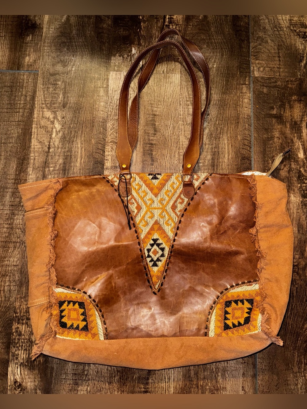 Myra Large Leather and Woven Brown Tote Bag